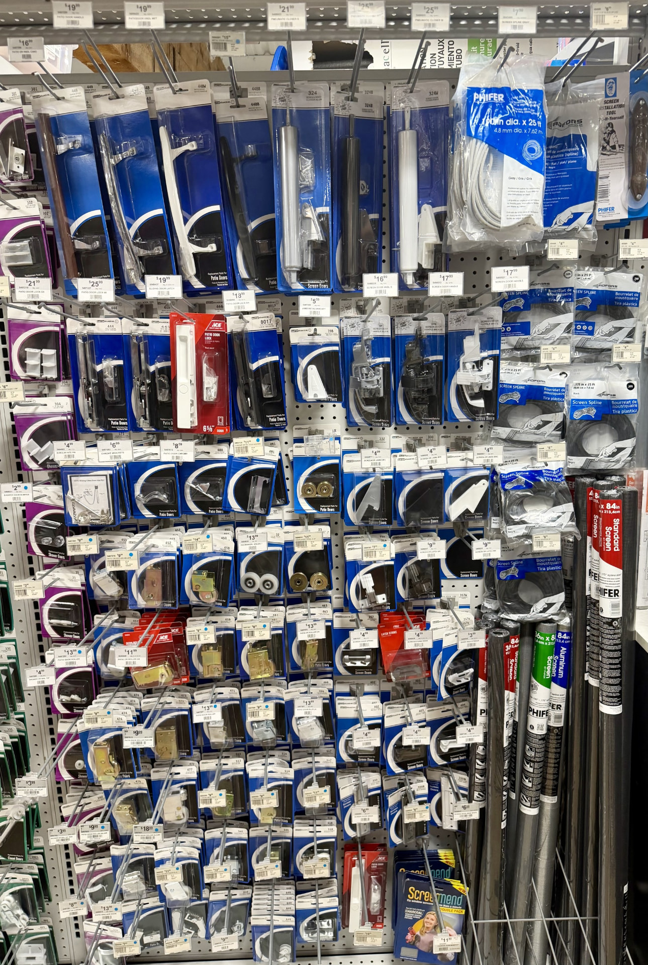 Patio door and screen door rollers, handles, spline and screen mesh rolls