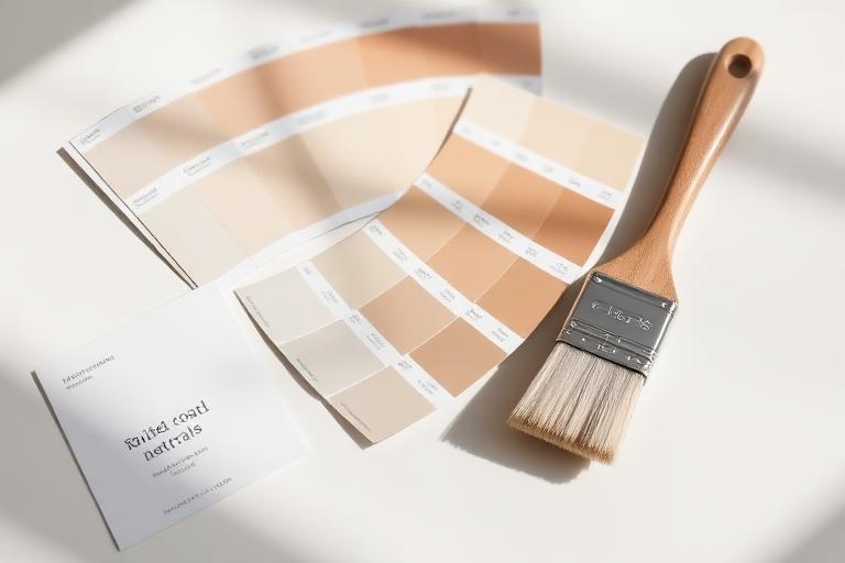 Benjamin Moore fan deck of muted coastal neutrals with a drawdown card and brush