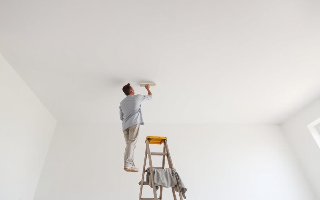 Painter rolling a smooth ultra-flat white ceiling