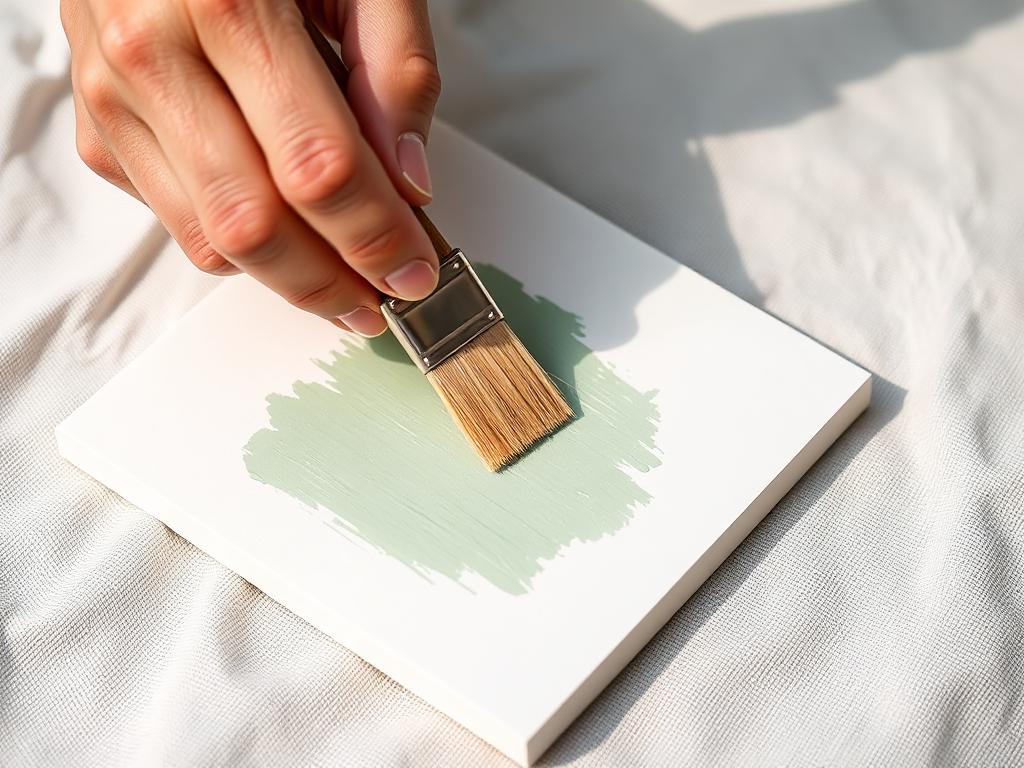 Hand brushing green sample paint onto a white board with a natural bristle chip brush