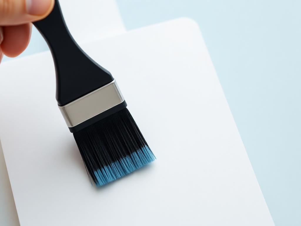 Hand applying blue paint to a white sample board with a black foam brush