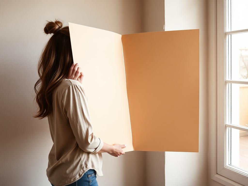 Woman holding a painted sample poster board against a wall beside a window