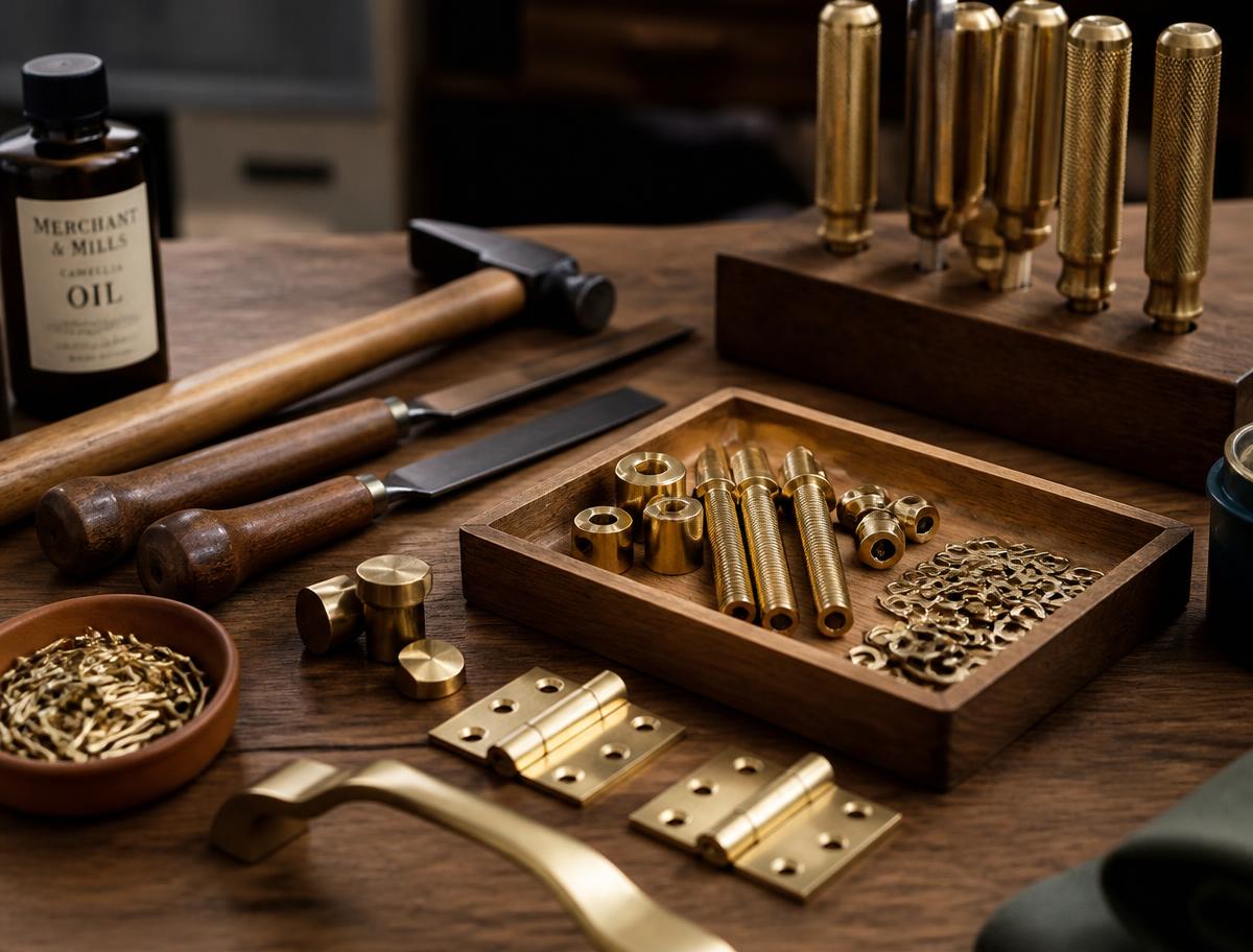 Hand tools and brass hardware arranged on a wood workbench