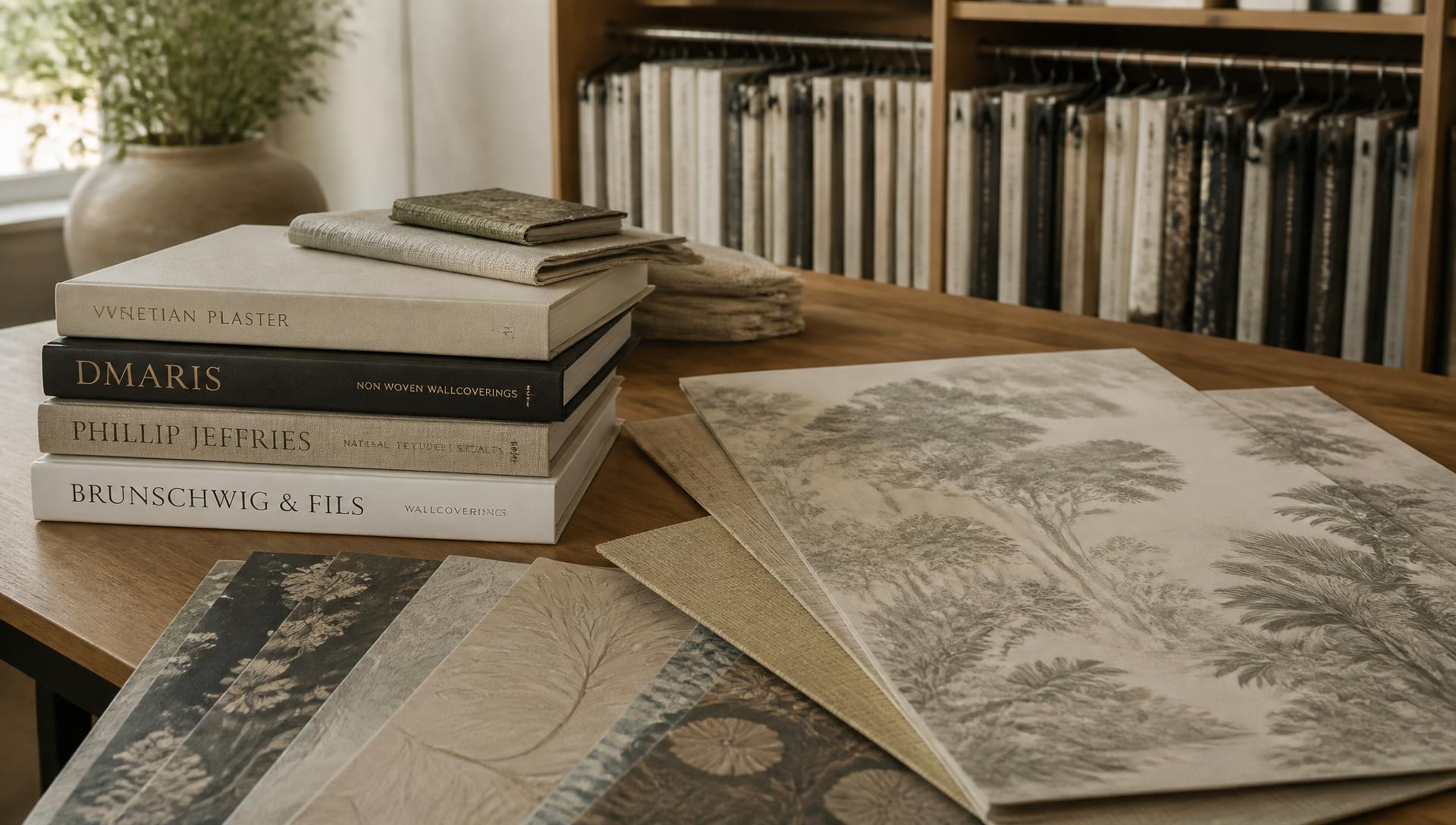 Designer wallcovering books and grasscloth samples in the Hessler Interiors library