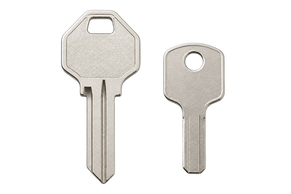 Two silver Hillman key blanks side by side: a house door key and a mailbox key