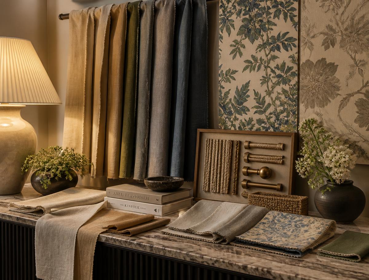 Drapery fabric, wallpaper samples, and window treatment hardware in a design showroom