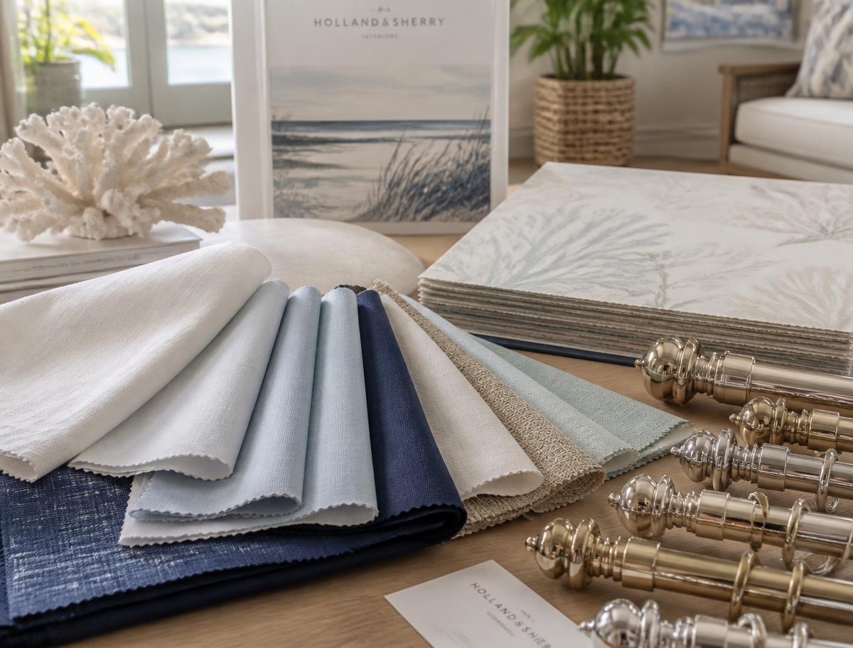 Drapery fabric, wallpaper samples, and window treatment hardware in a design showroom