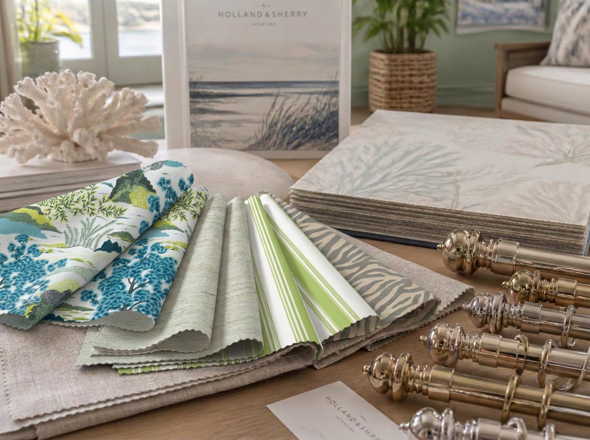 Drapery fabric, wallpaper samples, and window treatment hardware in a design showroom