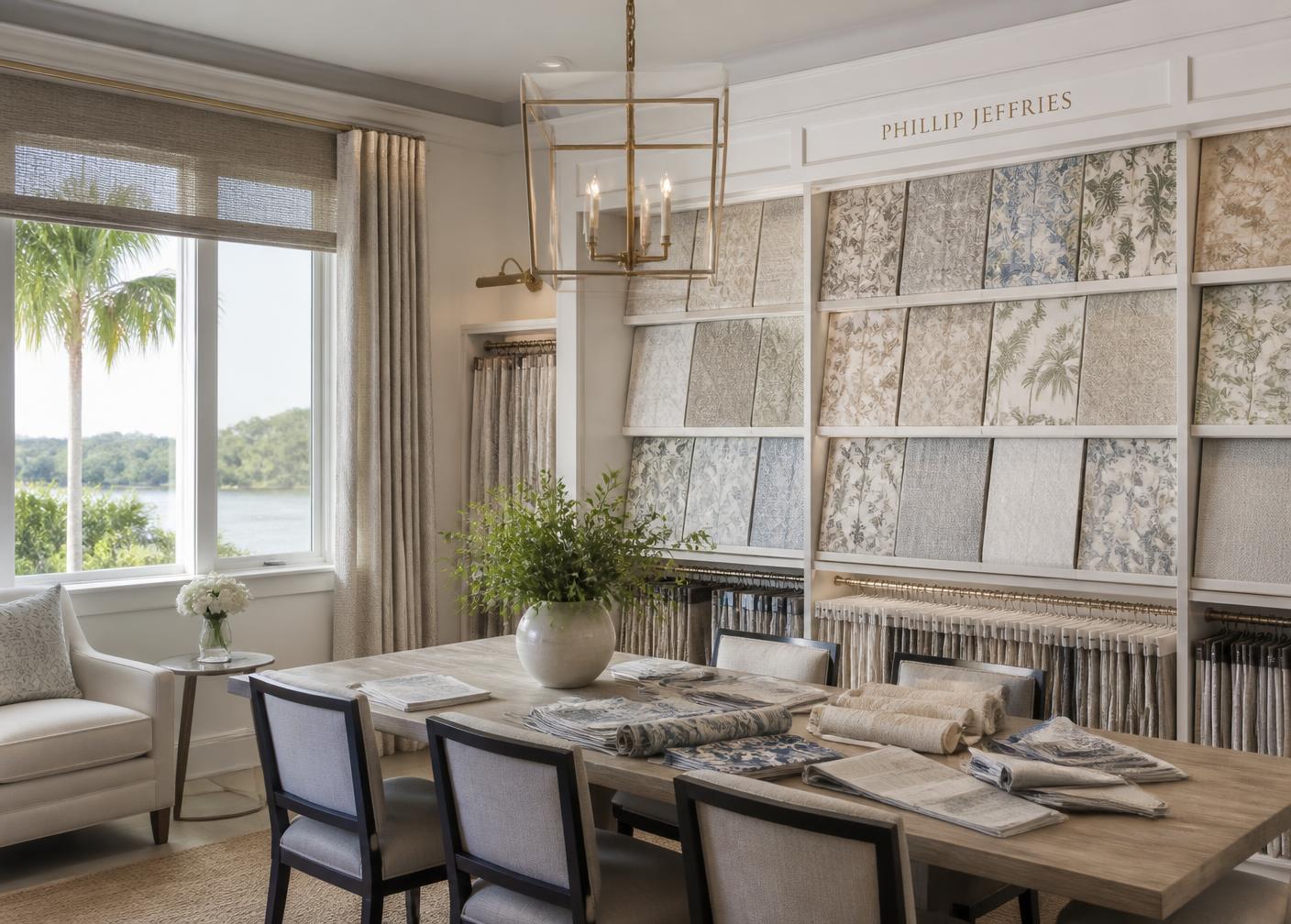 Hessler Interiors showroom with a wallpaper library and window treatment samples