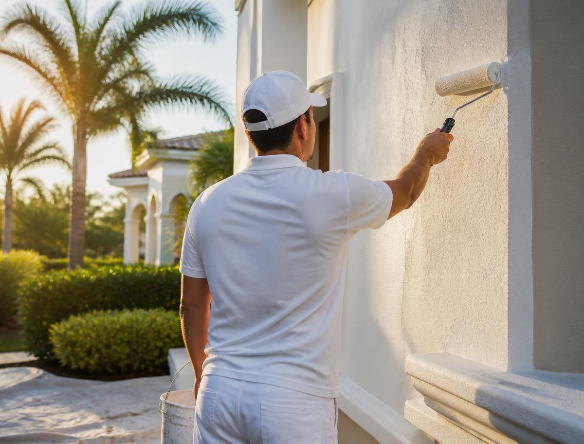 Painting contractor rolling fresh coating onto a South Florida stucco exterior