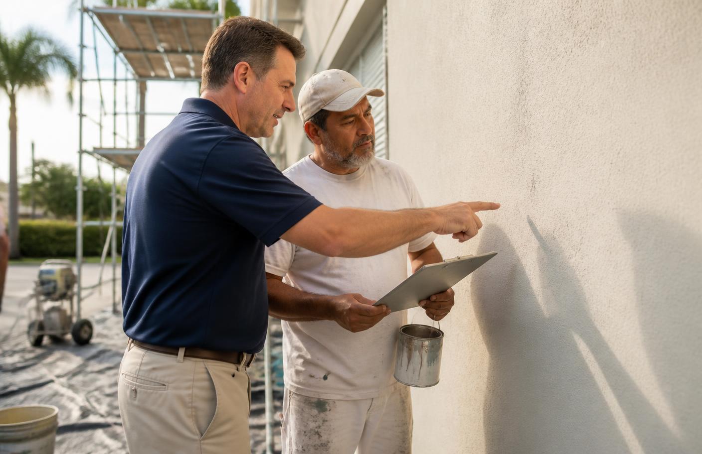 Hessler outside sales rep on a job site with a painting contractor, reviewing surface prep and coating application on a stucco wall