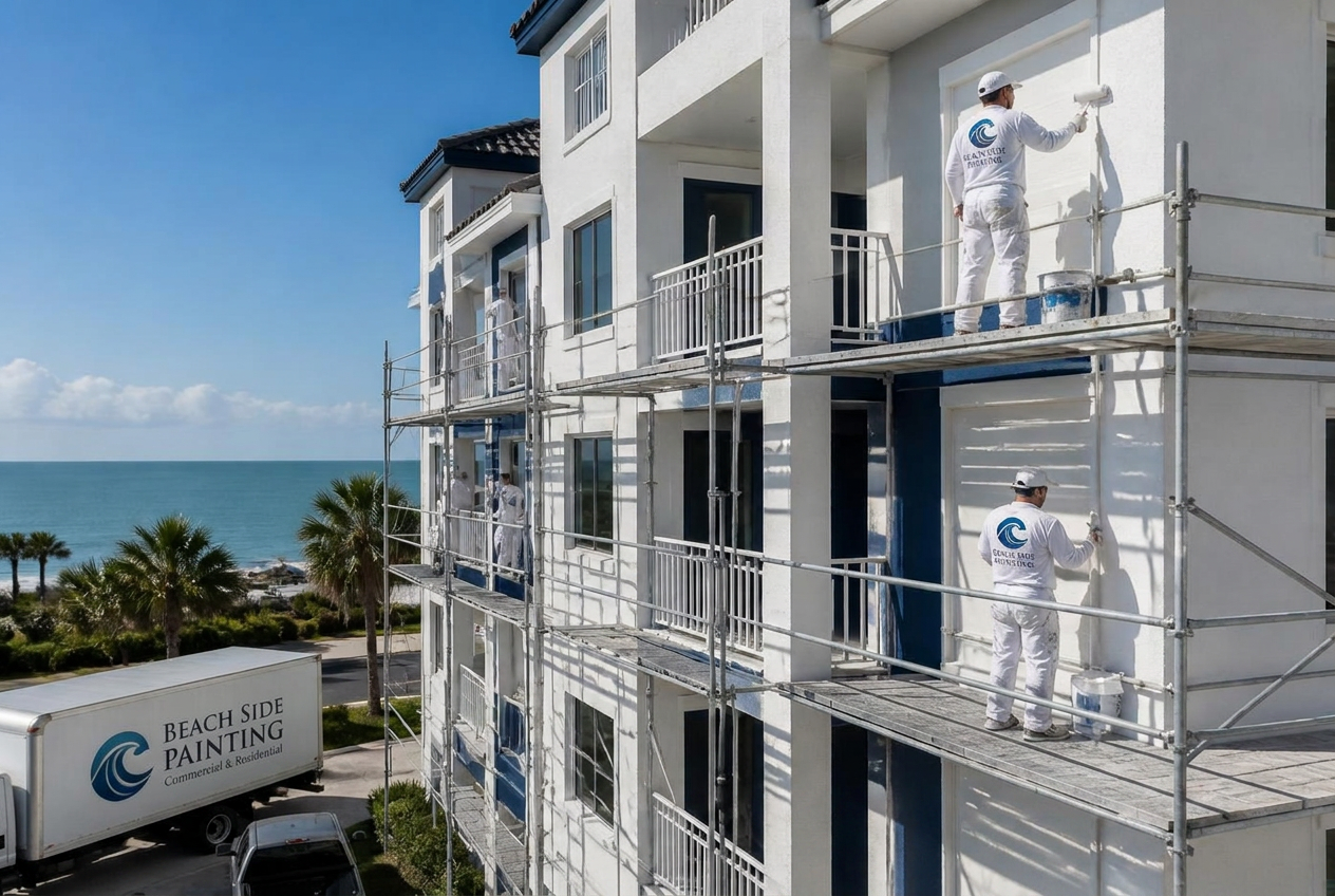 Contractors repainting a coastal condominium exterior