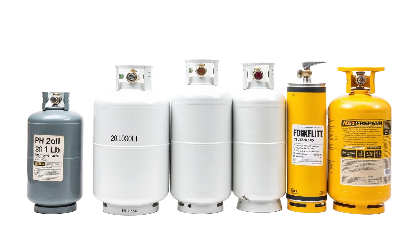Different propane cylinder sizes side by side, from small camping tanks to forklift cylinders