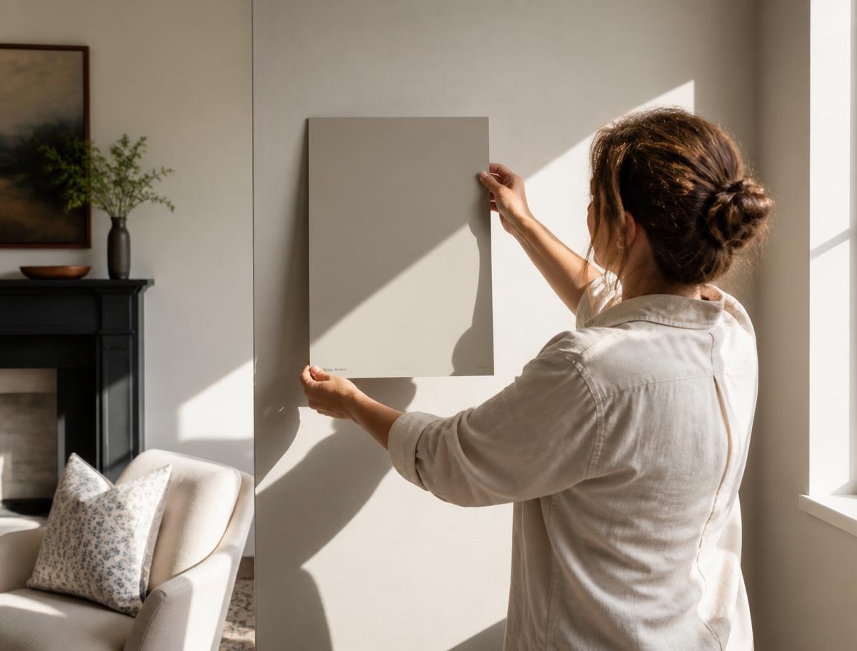Woman holding a painted sample board against a wall in bright direct sunlight