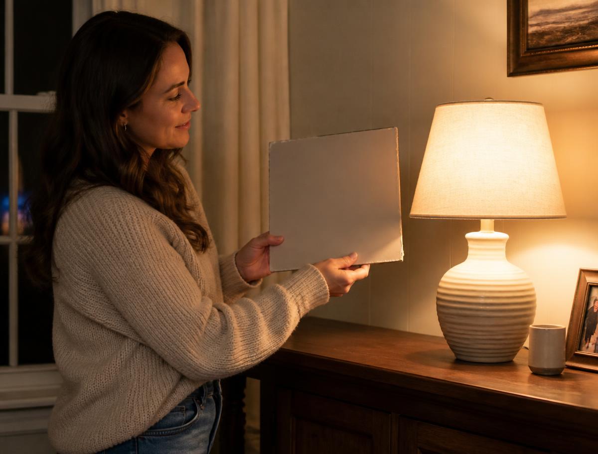 Woman holding a painted sample board next to a lit table lamp at night
