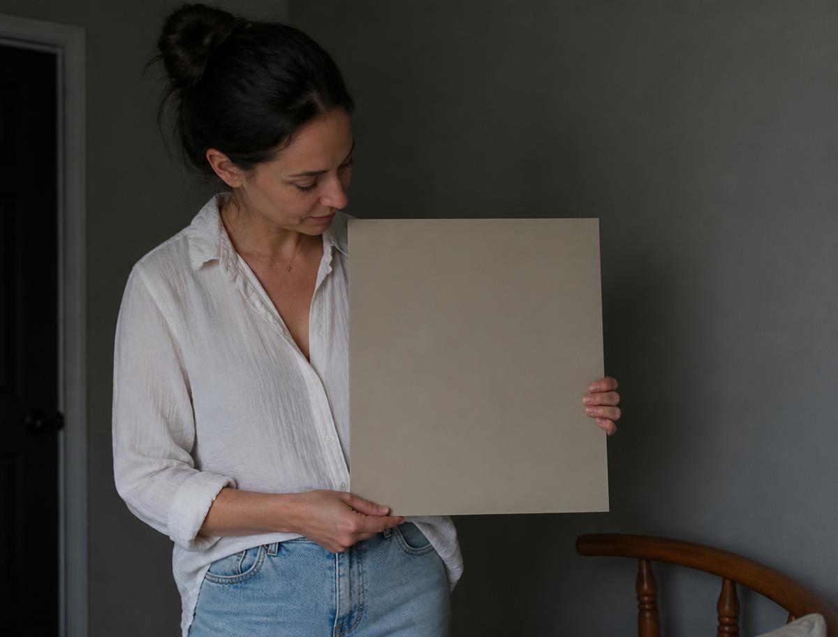 Woman holding a painted sample board against a wall in a shaded corner