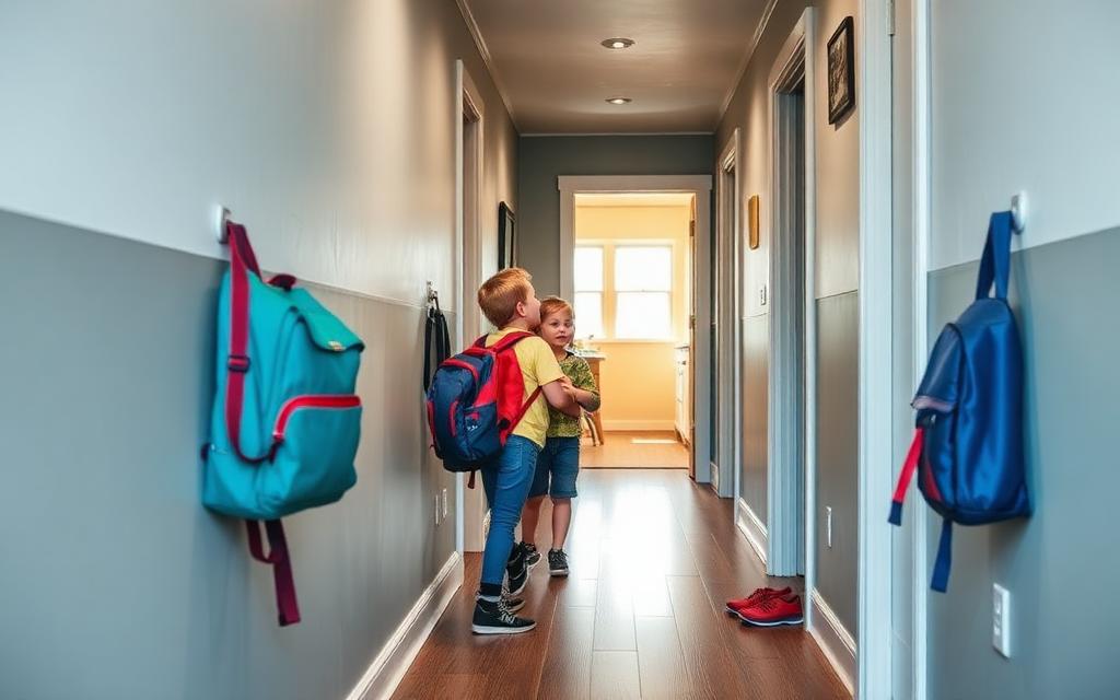 Busy home hallway painted with Benjamin Moore Scuff-X