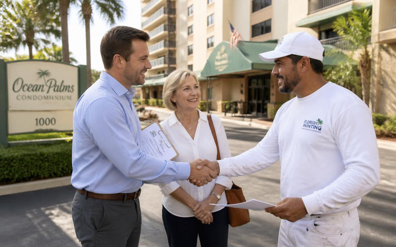 Property manager and board member shaking hands with a painting contractor outside a condominium