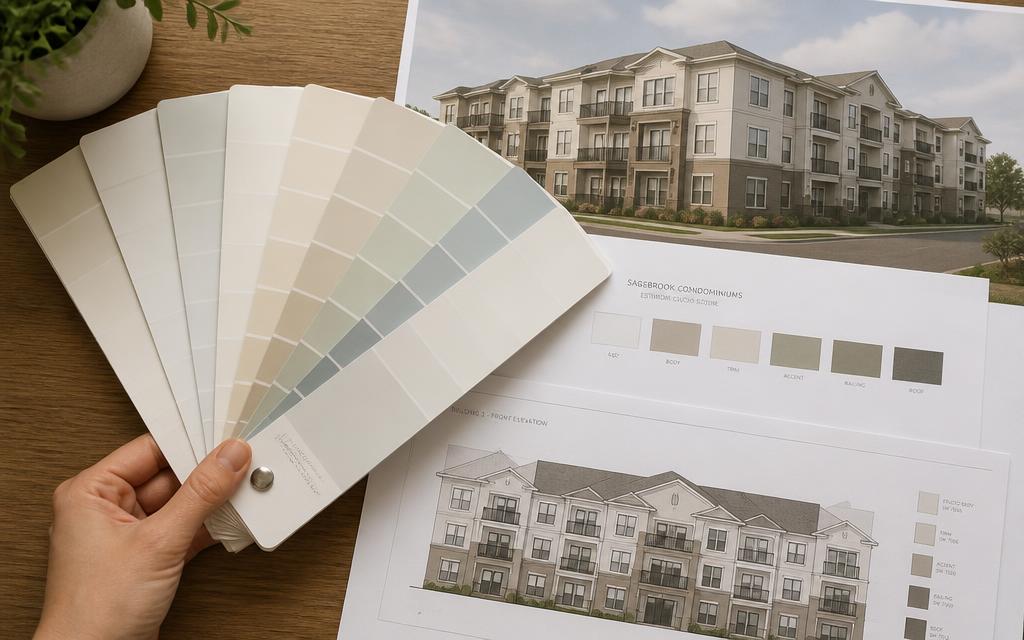 Color drawdowns, paint chips, and building elevation renderings spread on a table