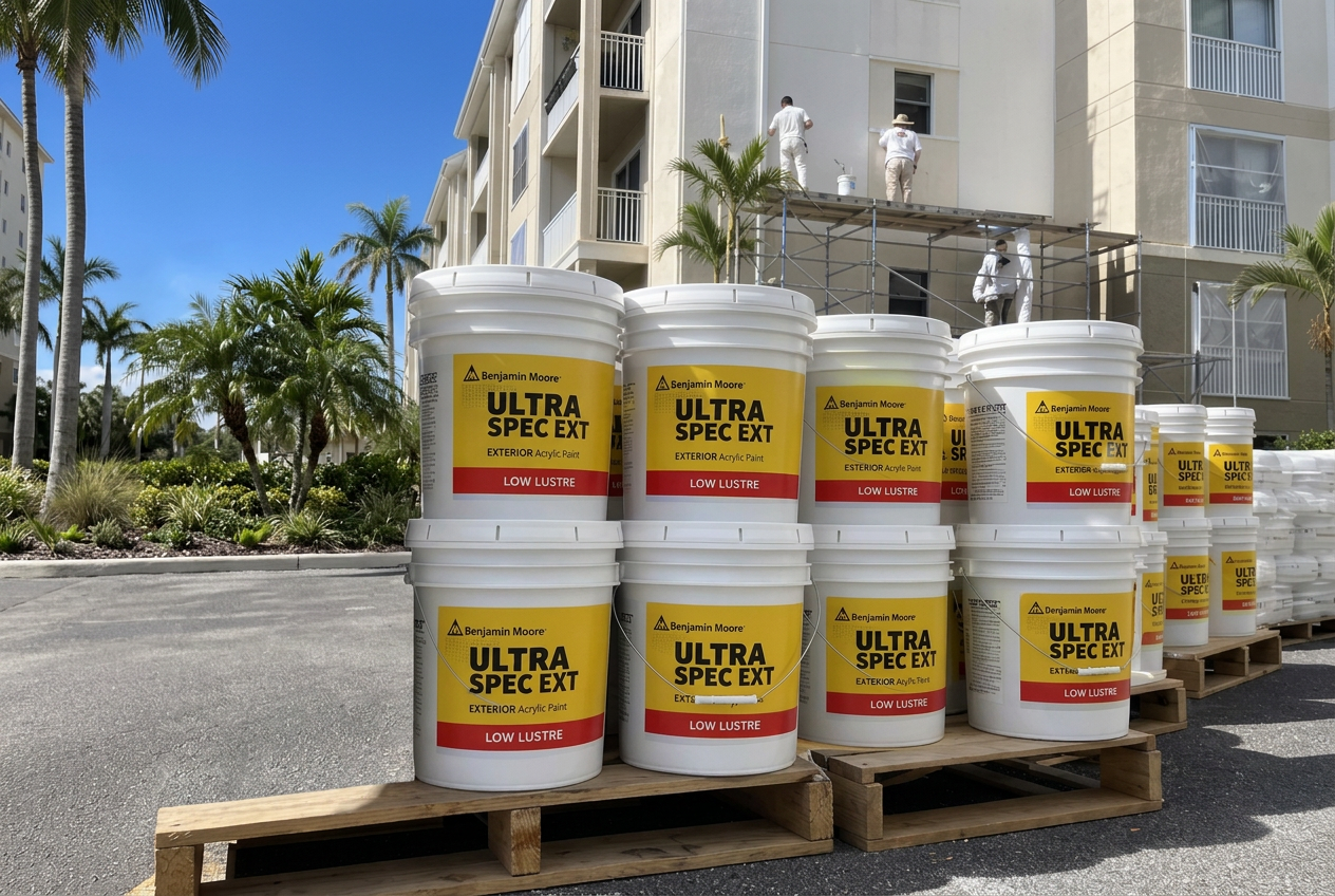 Pallets of five gallon paint pails staged at a condominium while crews work
