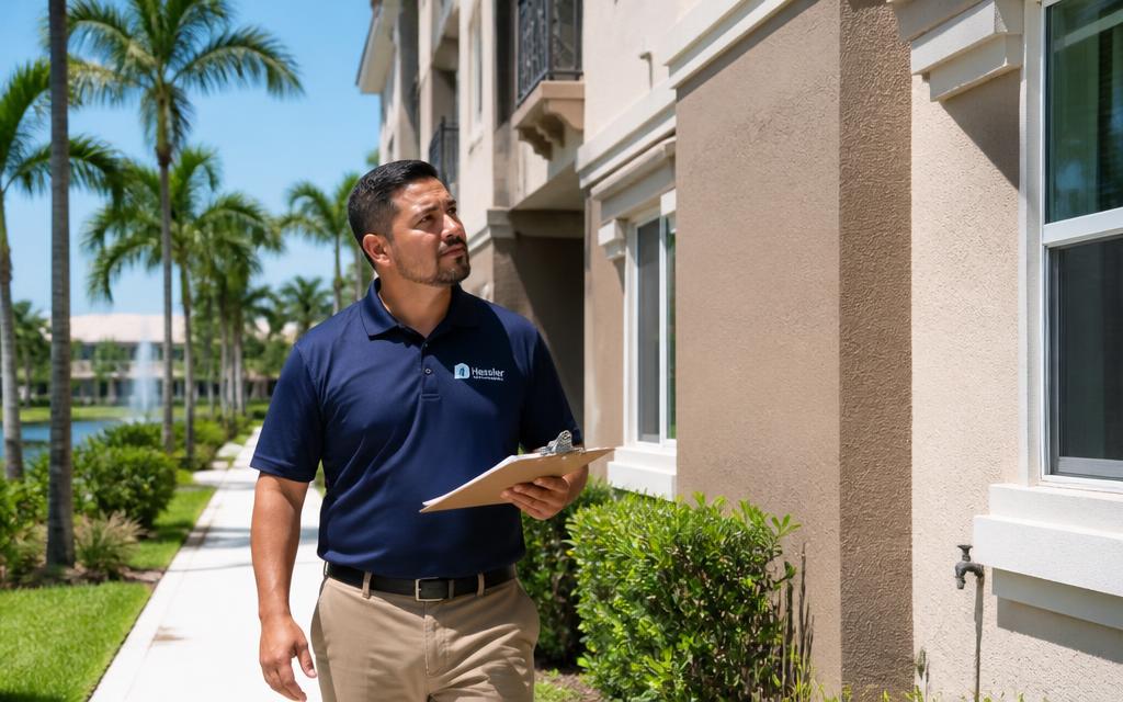 Paint representative walking a condominium exterior with a clipboard, inspecting stucco and railings