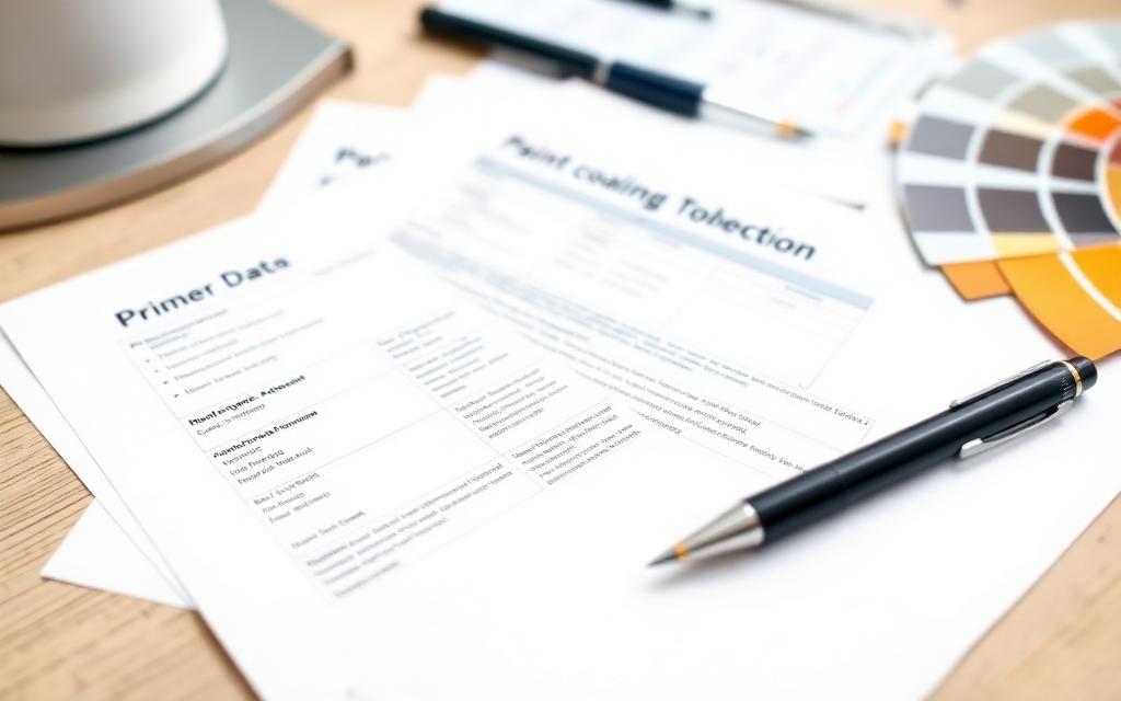 Written paint coating specification with primer and topcoat data sheets and a fan deck